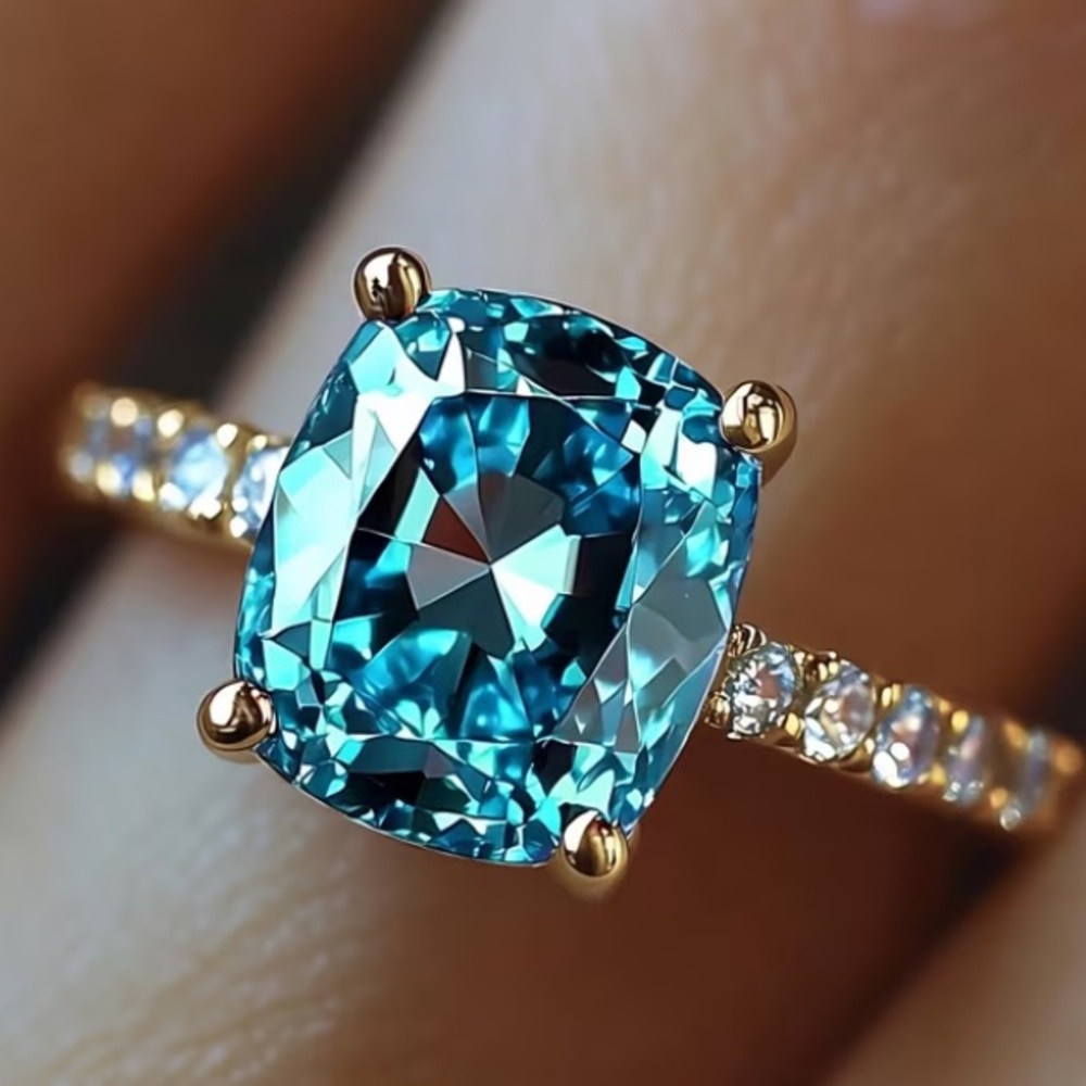 Blue Synthetic Crystal Cushion-Cut Ring with 14 kt Gold Plated Pave’ Band - Picture 2 of 5